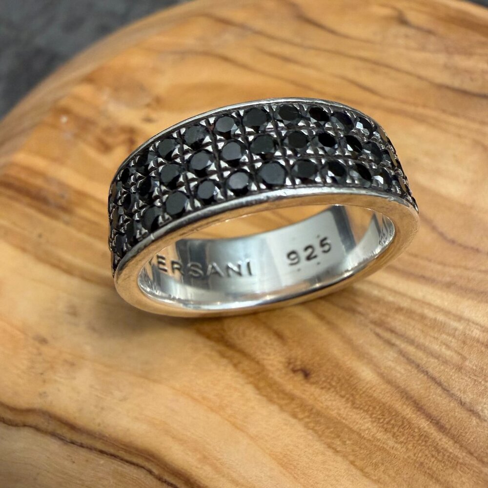 VERSANI Three Row Black Diamond Silver Ring